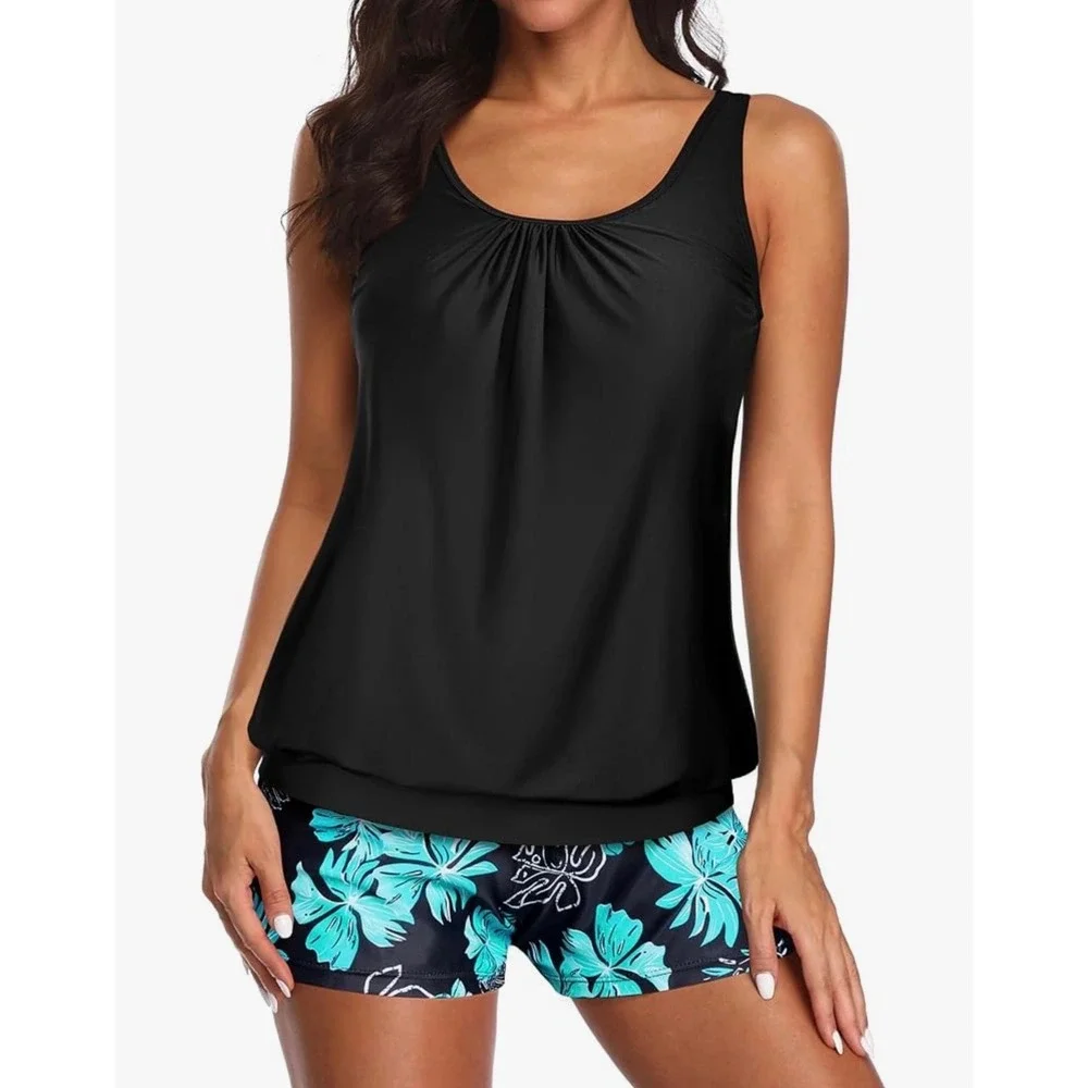 Aqua Eve Womens Two Piece Tankini Swimsuit Black Teal Floral Boy Shorts XL